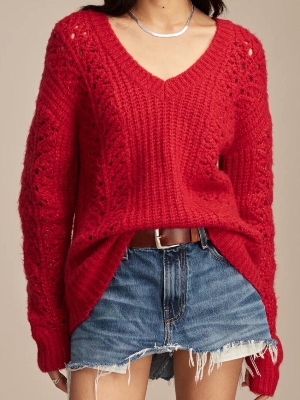 Lucky Brand V Neck Pointelle Cable Pullover Sweater